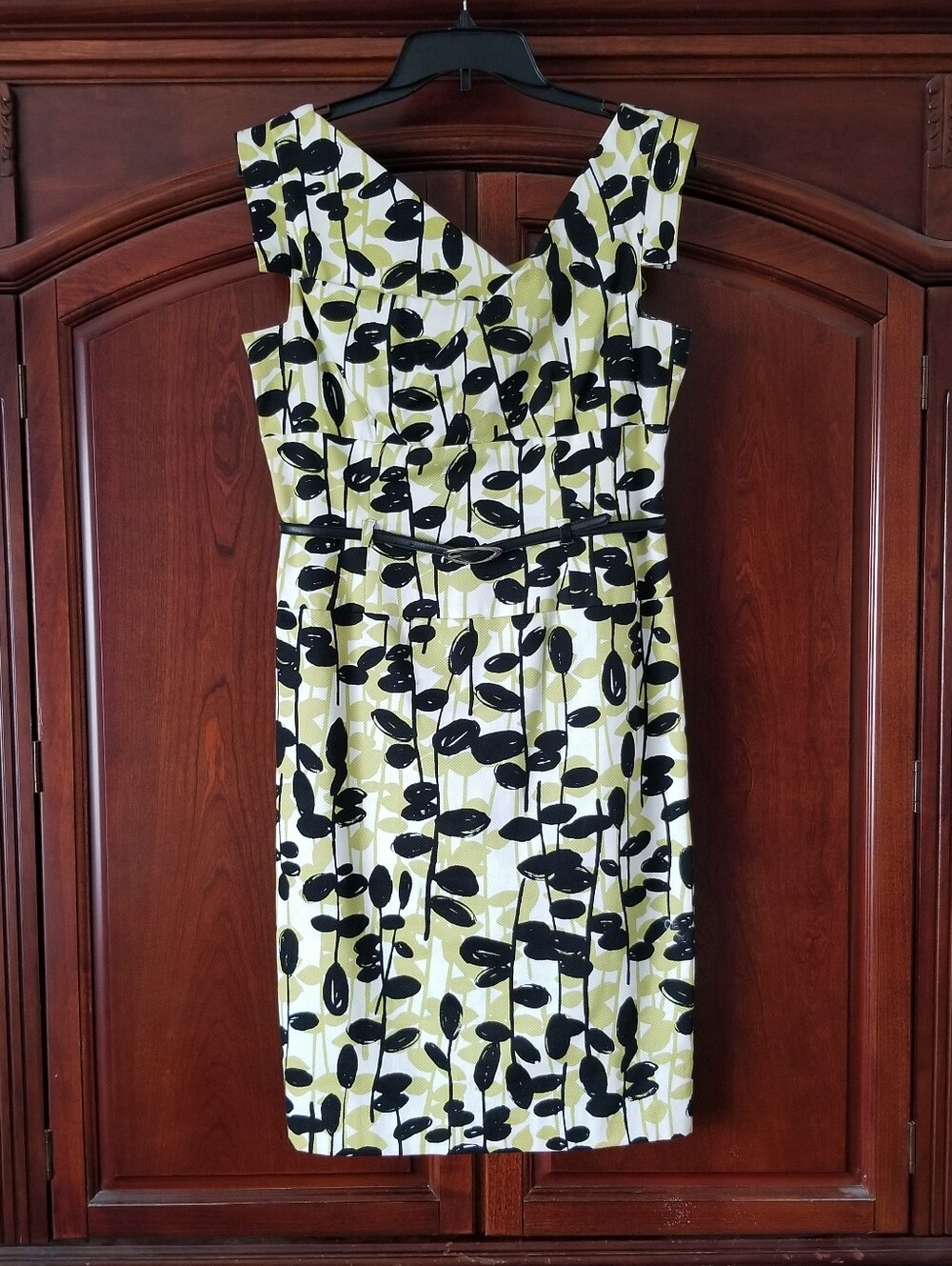 Adrianna Papell Abstract Leaf Print Sheath Dress Green Black Size 10